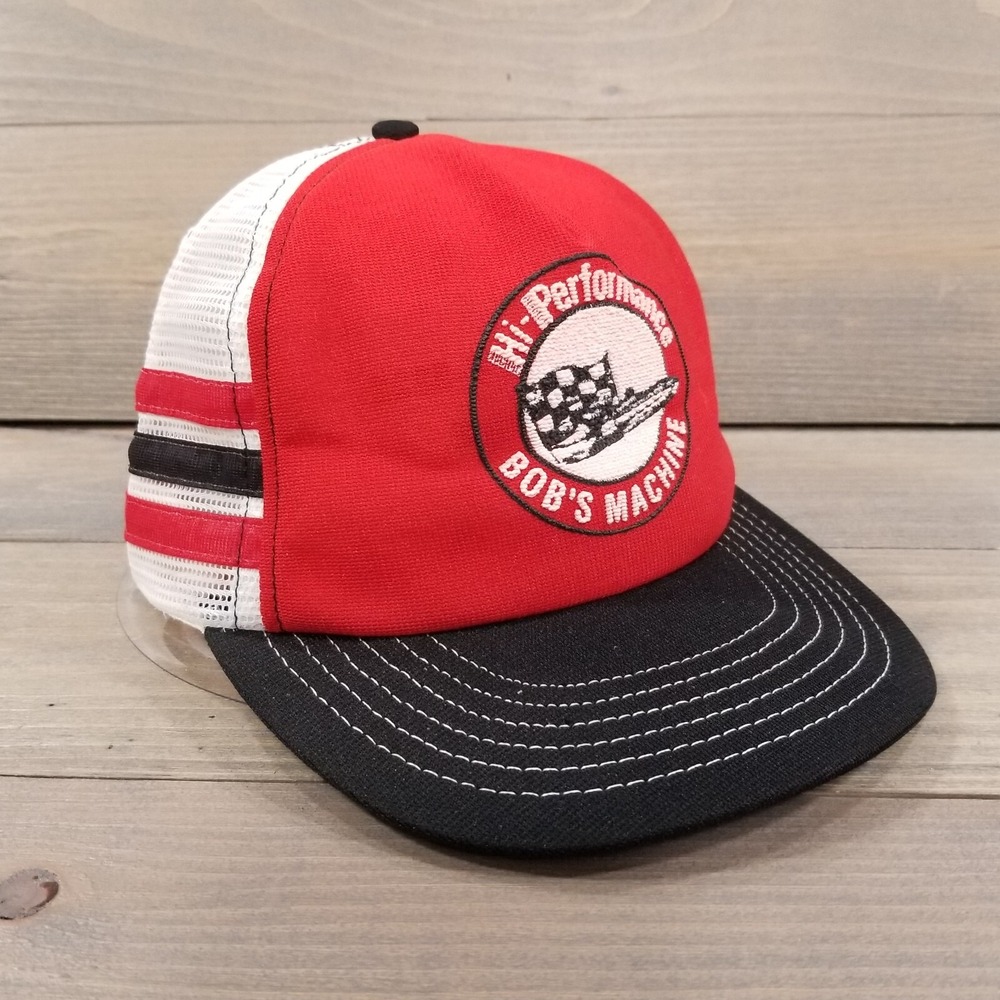 Vtg Bobs Machine Shop Hat Cap Three Stripe Trucker Jack Plate Boat Tampa Florida